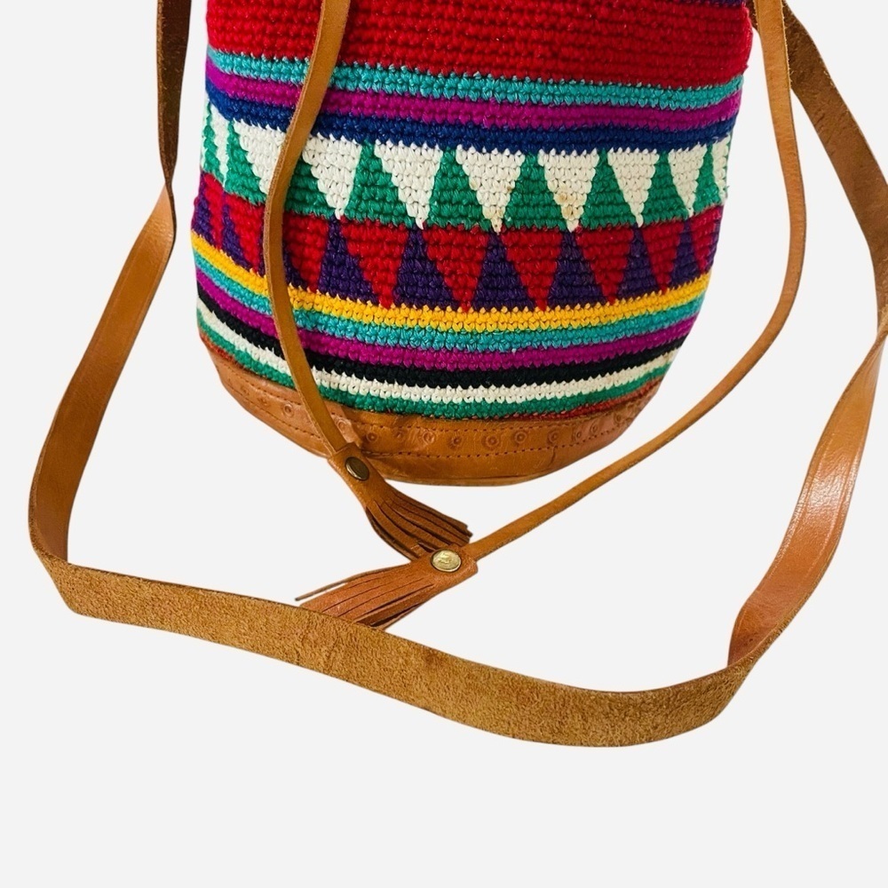 Vintage Handmade Guatemala Boho Multi Color with Leather Trim Bucket Bag - Picture 5 of 15